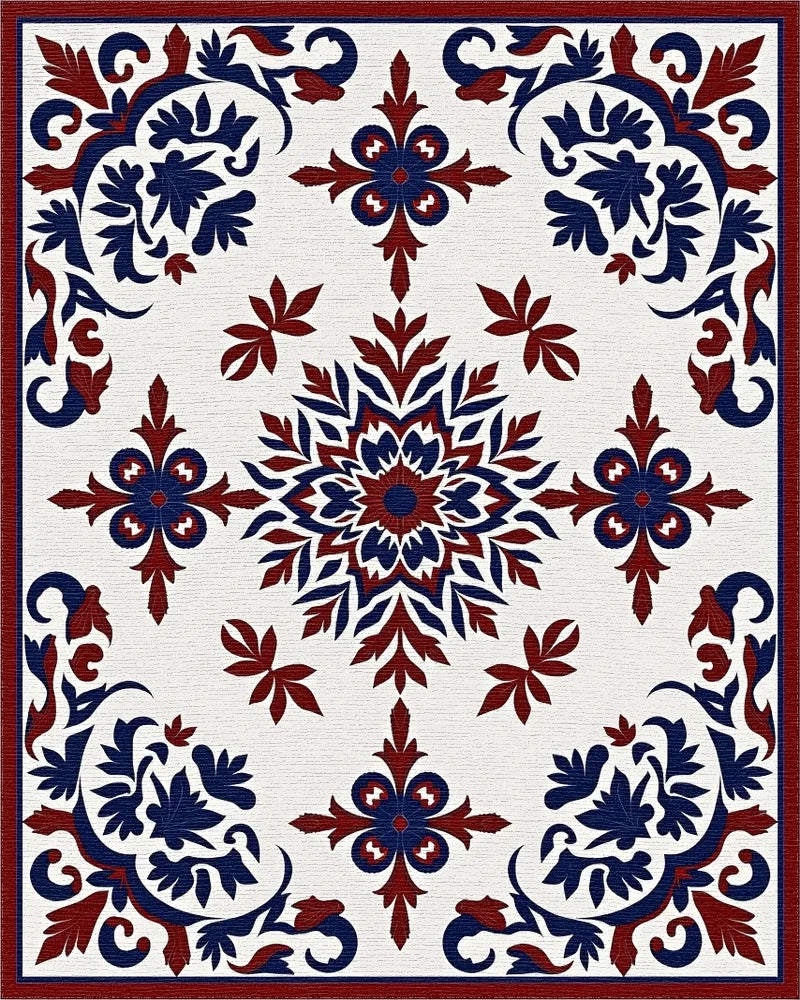 Red Blue Floral Symmetry Pattern Rug - Cutout View