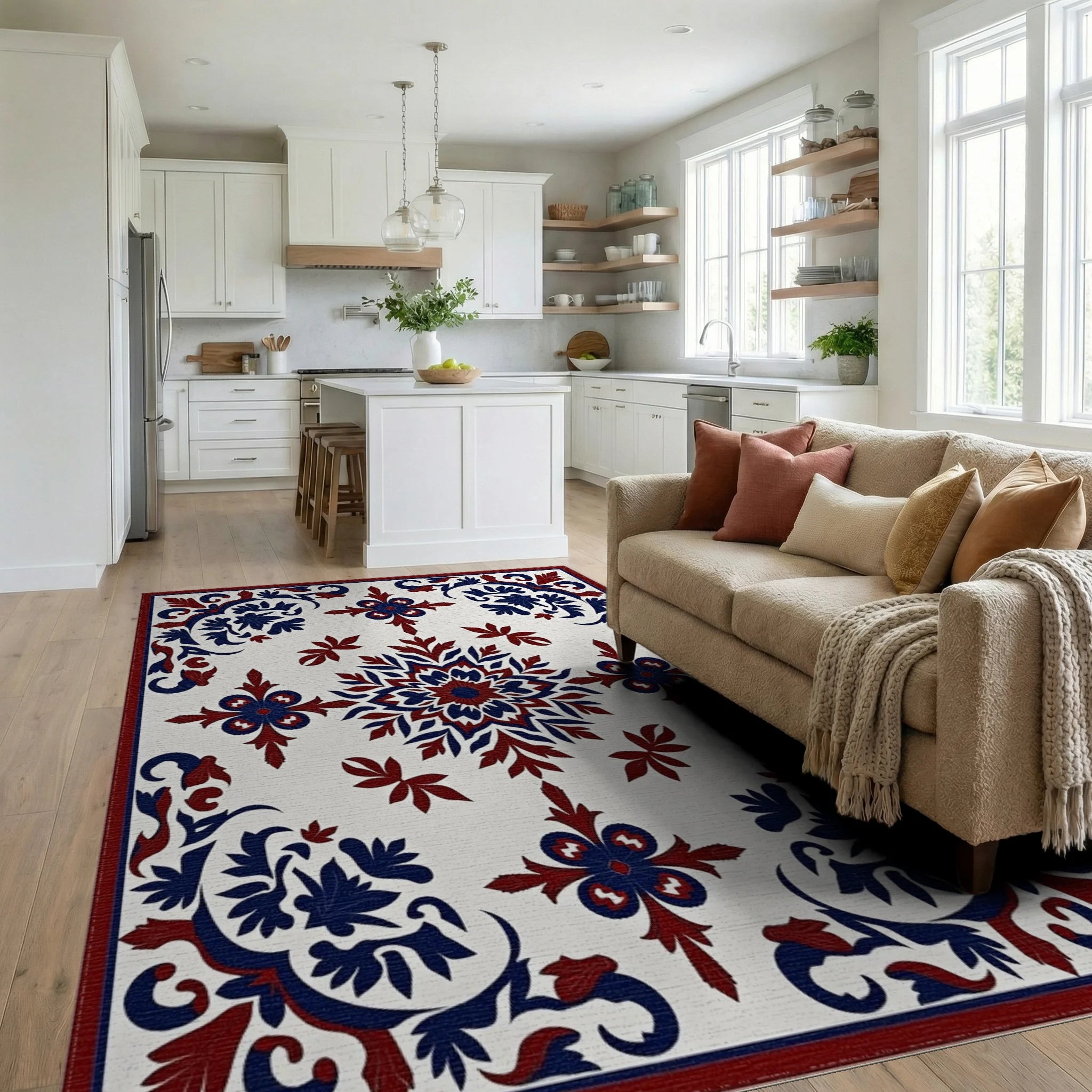 Red Blue Floral Symmetry Pattern Rug Living Room View