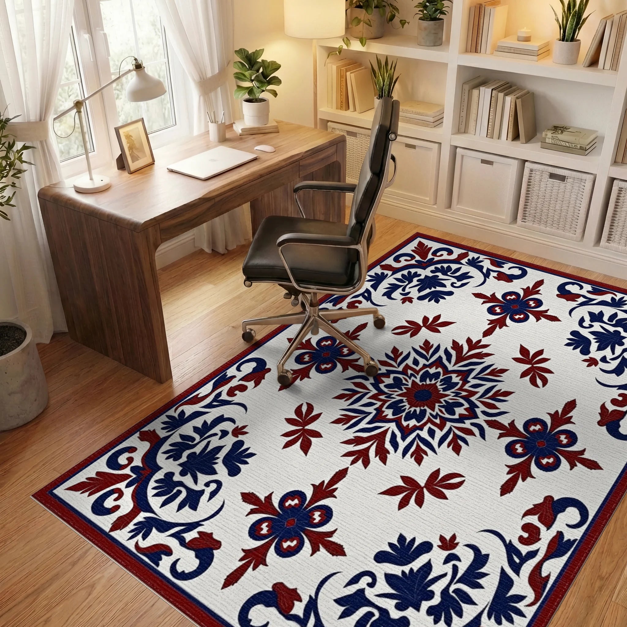 Red Blue Floral Symmetry Pattern Rug Office View