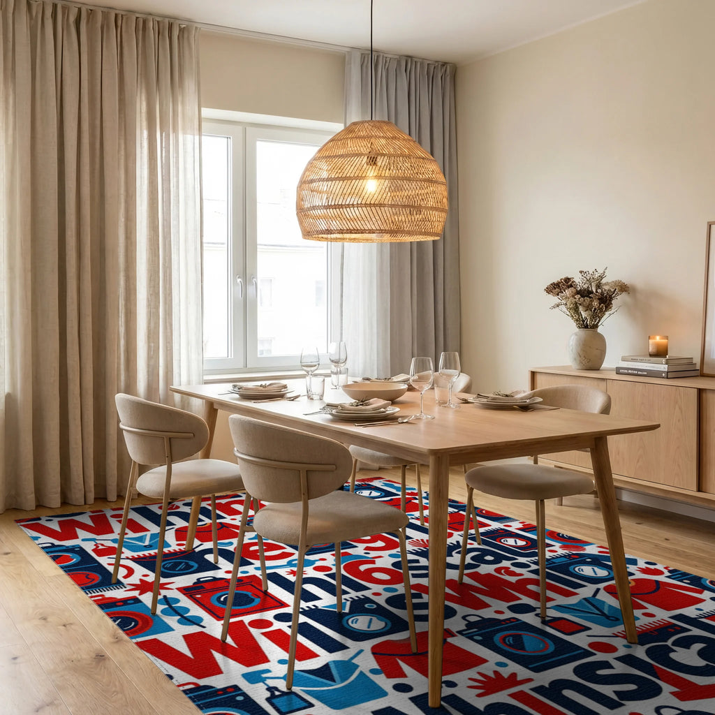 Red Blue Whimsical Laundry Appliances Rug Dining Room View