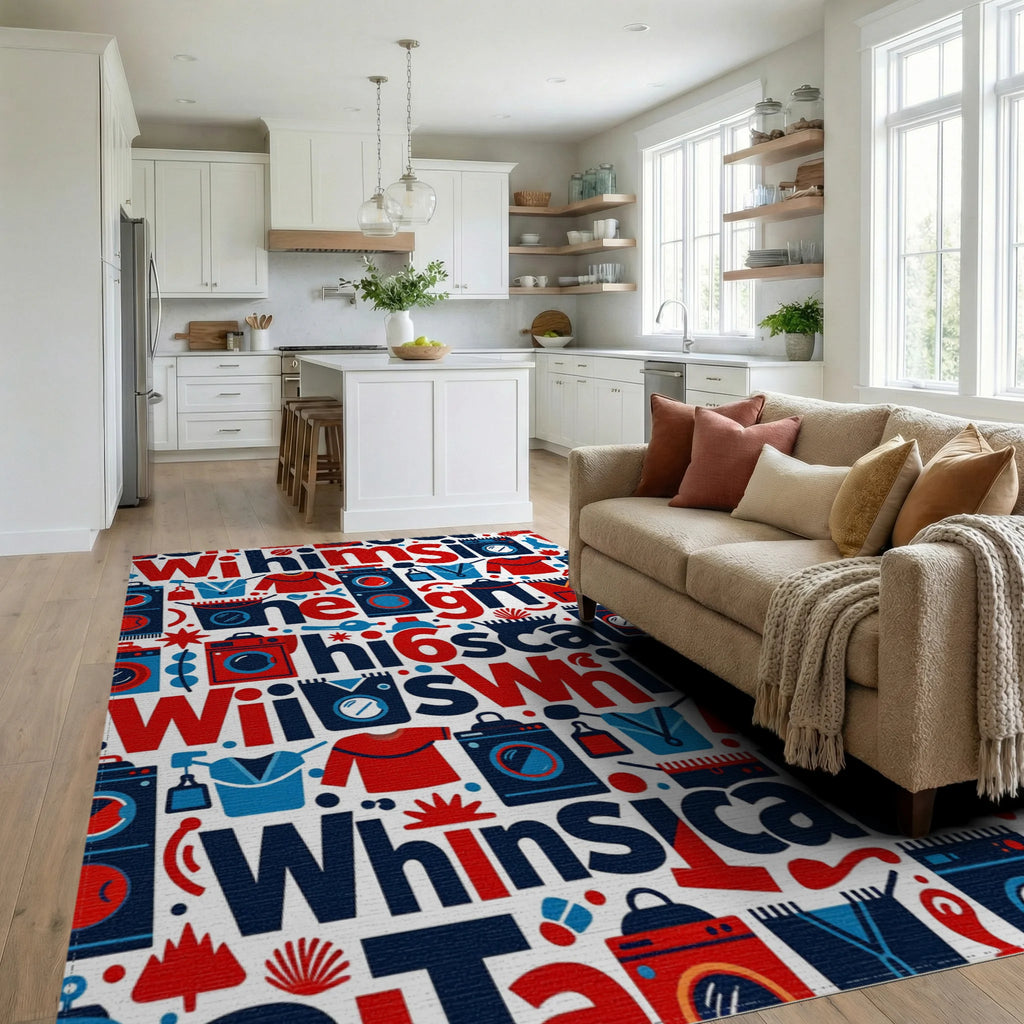 Red Blue Whimsical Laundry Appliances Rug Living Room View