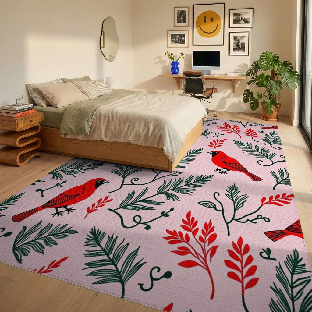 Red Cardinal With Green Foliage Pattern Rug - Bedroom View