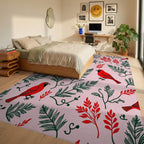 Red Cardinal With Green Foliage Pattern Rug - Bedroom View