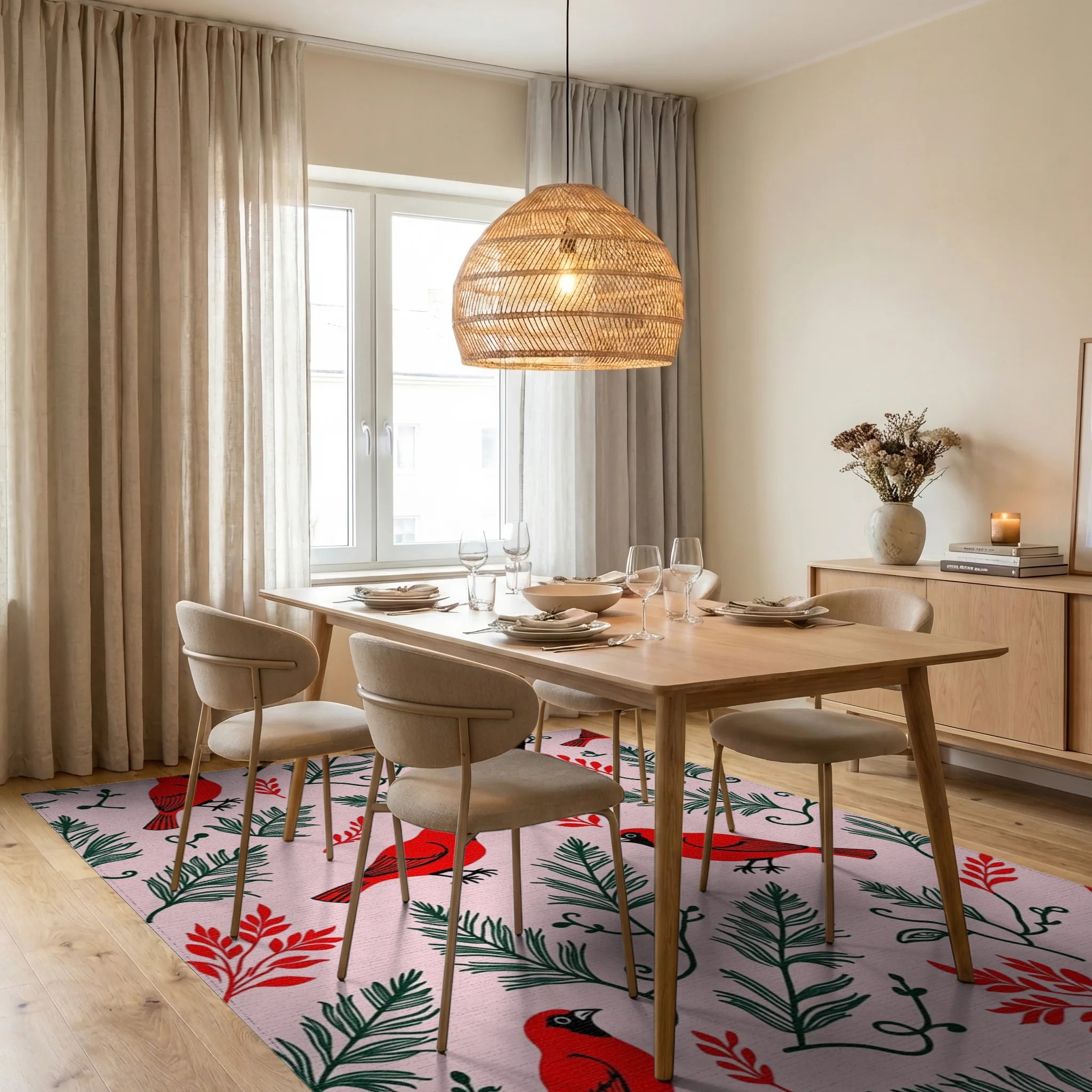 Red Cardinal With Green Foliage Pattern Rug - Dining Room View