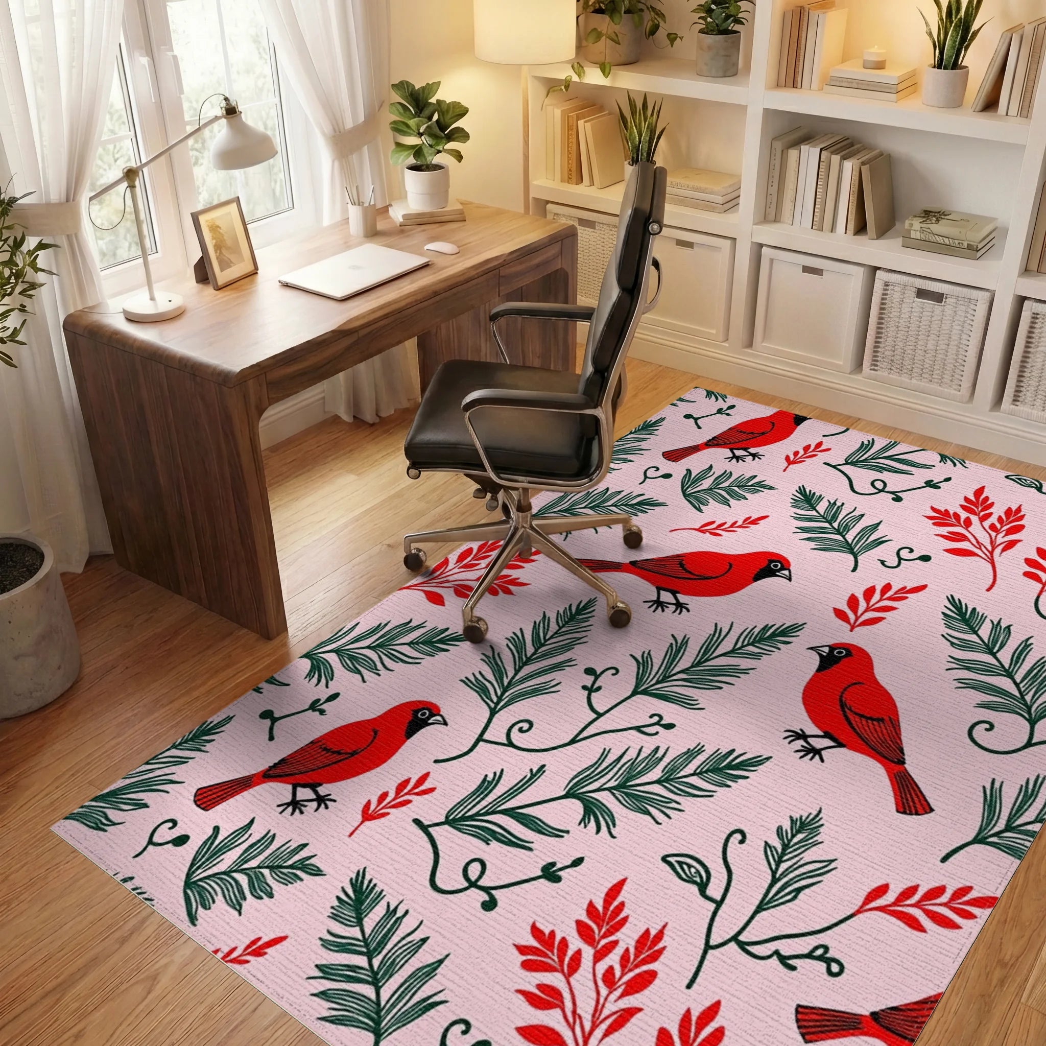 Red Cardinal With Green Foliage Pattern Rug - Office View