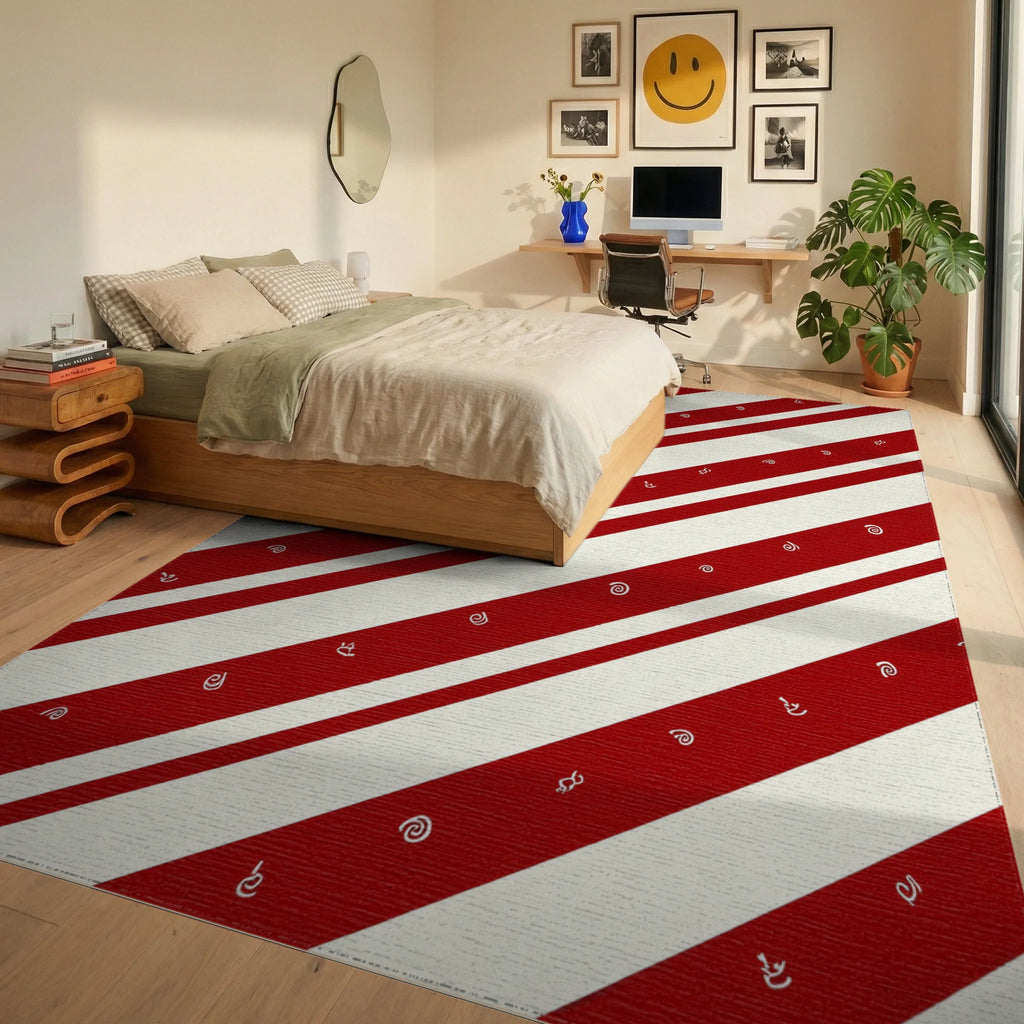 Red Cream Diagonal Stripe Pattern Rug - Bedroom View