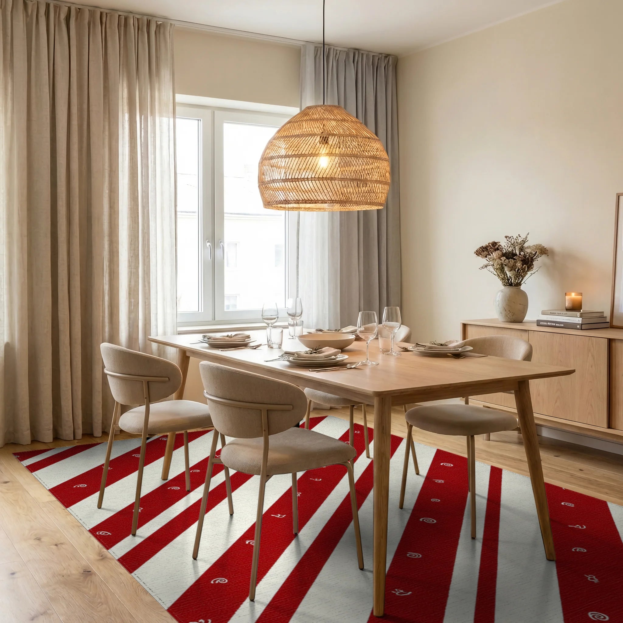 Red Cream Diagonal Stripe Pattern Rug - Dining Room View