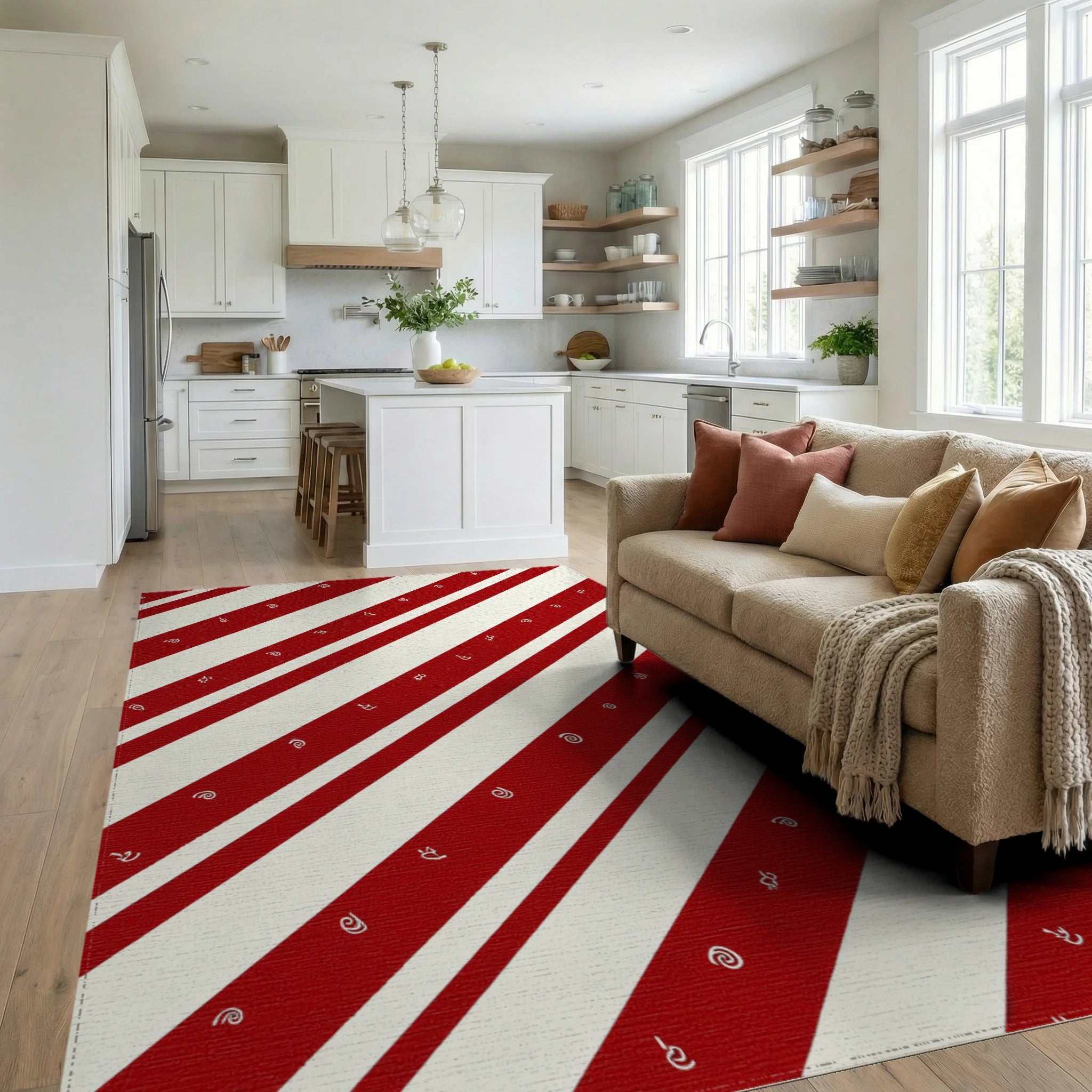 Red Cream Diagonal Stripe Pattern Rug - Living Room View