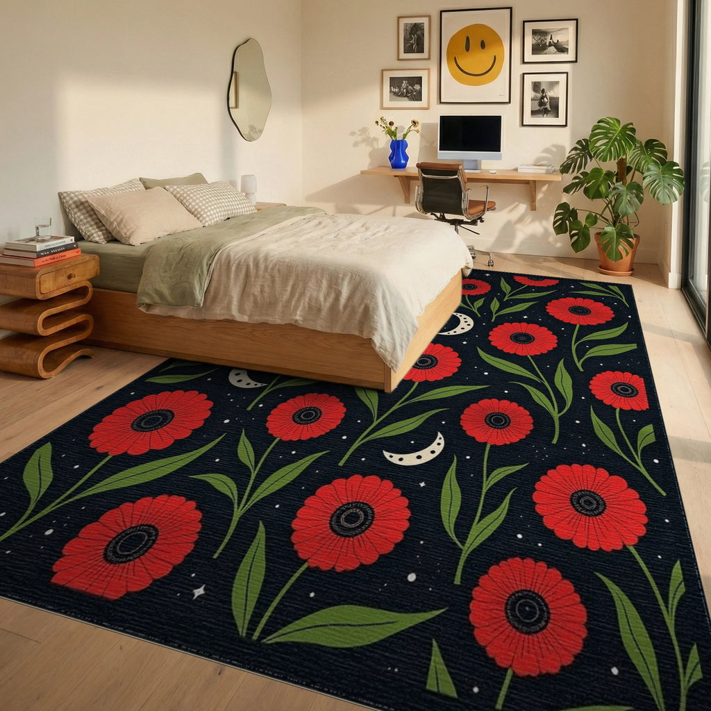 Red Floral 2 Moons Pattern Rug - Bedroom View