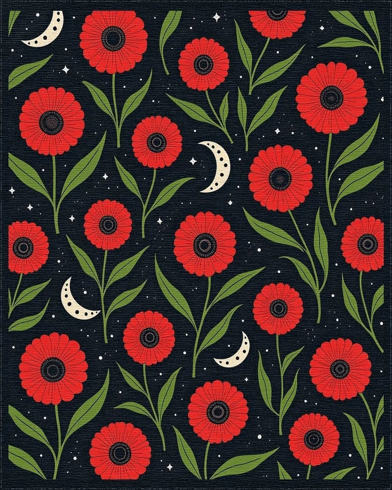 Red Floral 2 Moons Pattern Rug - Cutout View