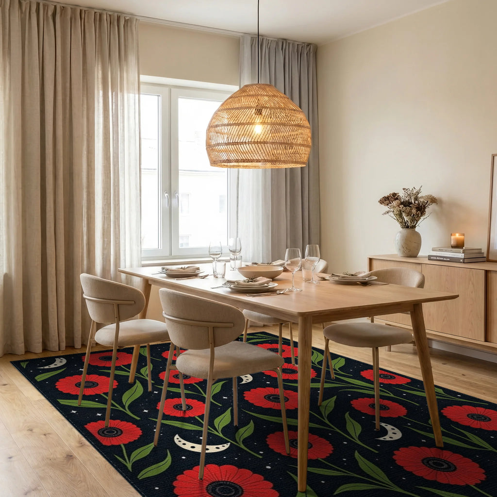 Red Floral 2 Moons Pattern Rug - Dining Room View