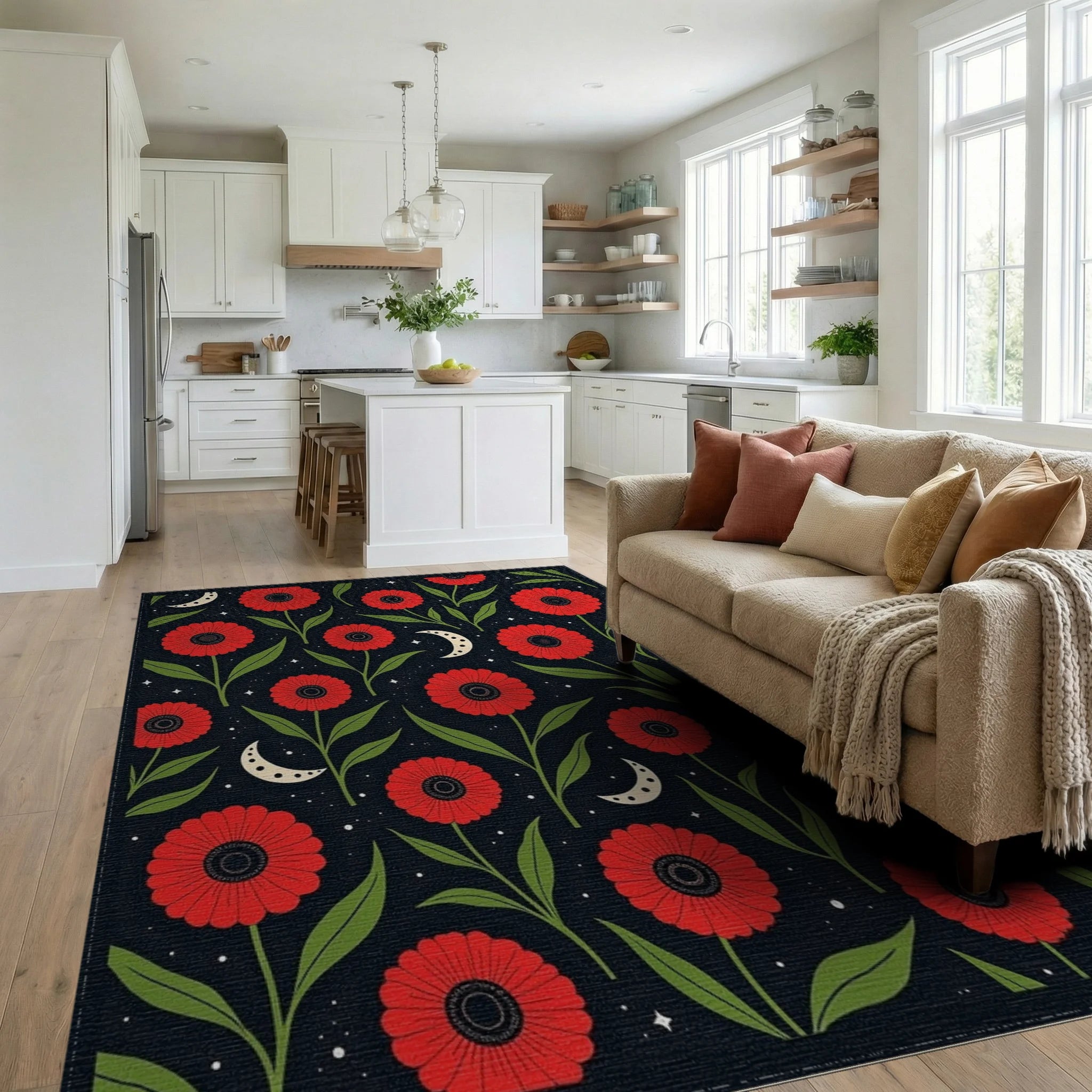 Red Floral 2 Moons Pattern Rug - Living Room View