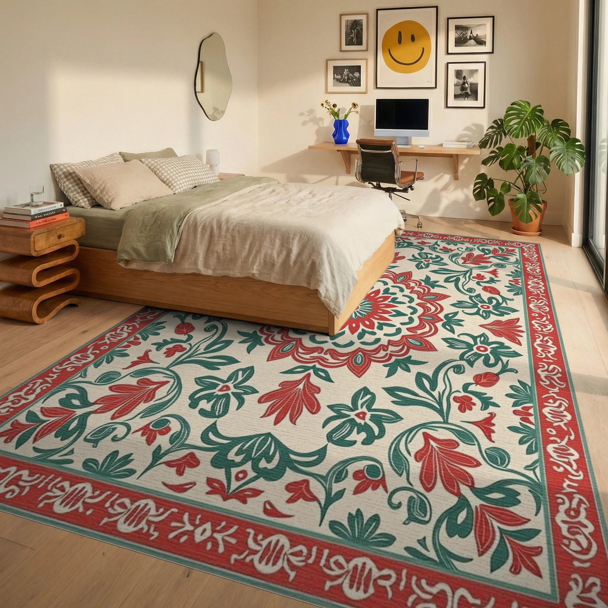 Red Green Floral Mandala Pattern Rug Bedroom View