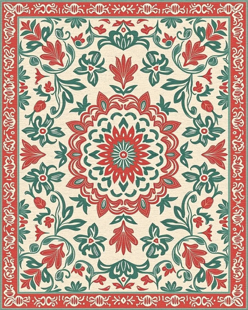 Red Green Floral Mandala Pattern Rug - Cutout View