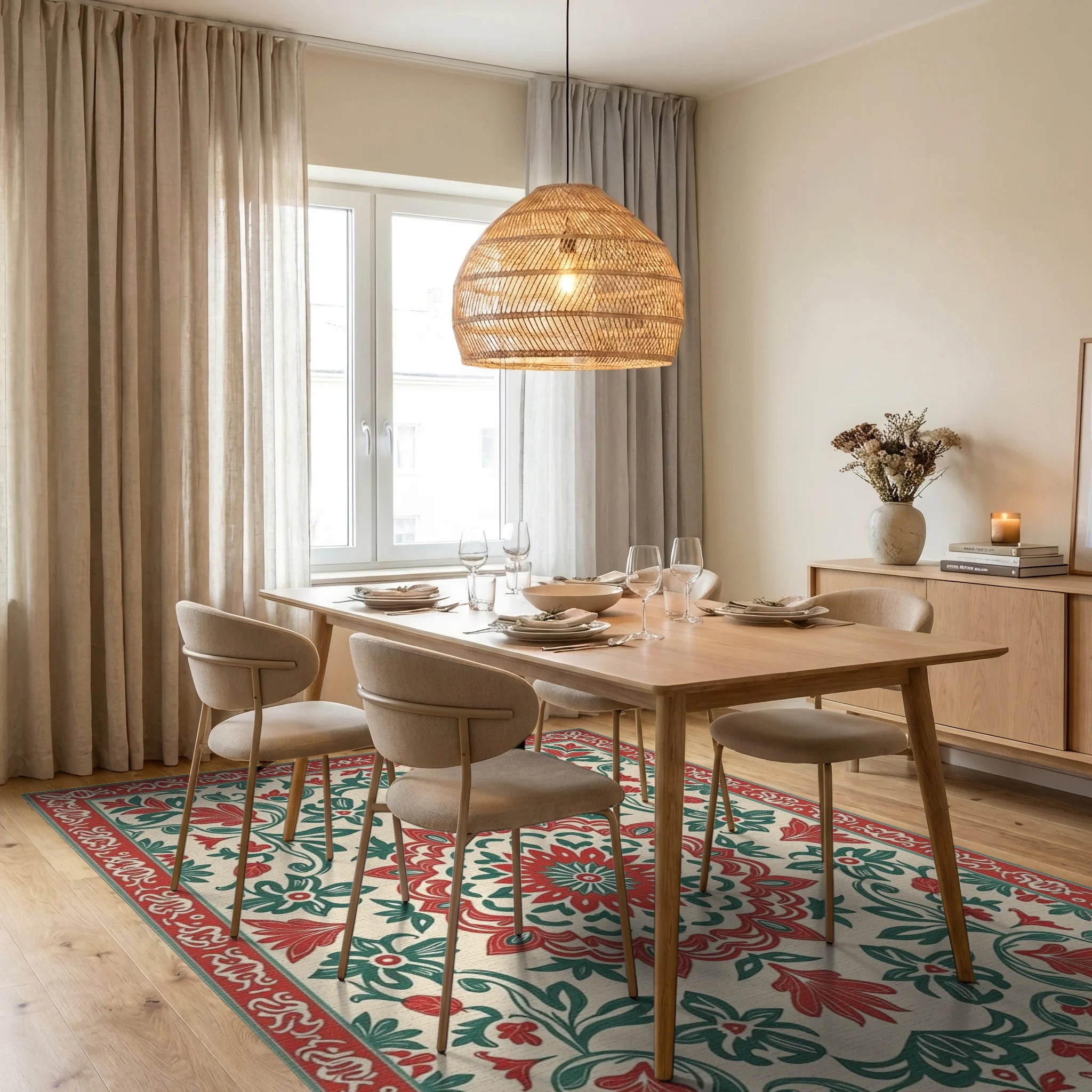 Red Green Floral Mandala Pattern Rug Dining Room View