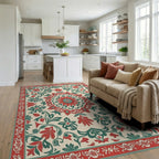 Red Green Floral Mandala Pattern Rug Living Room View