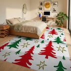 Red Green Pine Tree Star Pattern Rug - Bedroom View