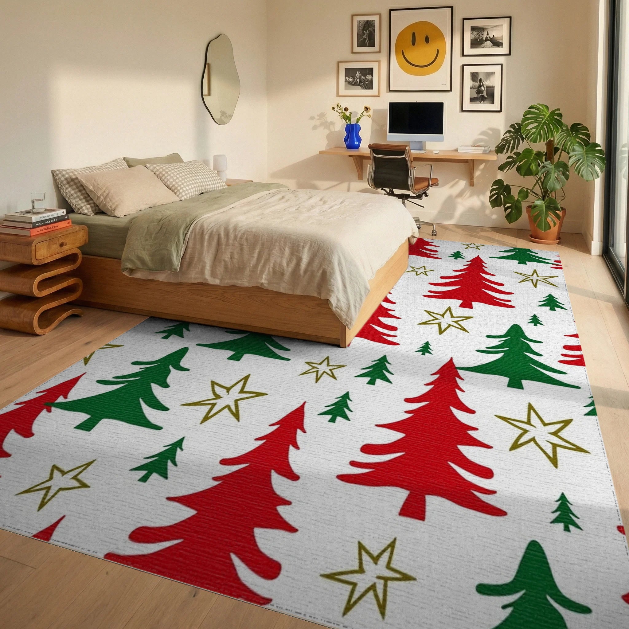 Red Green Pine Tree Star Pattern Rug - Bedroom View