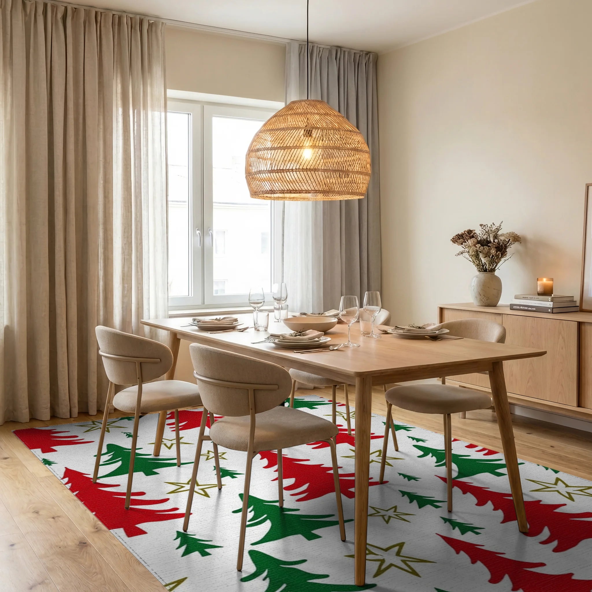 Red Green Pine Tree Star Pattern Rug - Dining Room View