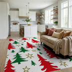 Red Green Pine Tree Star Pattern Rug - Living Room View