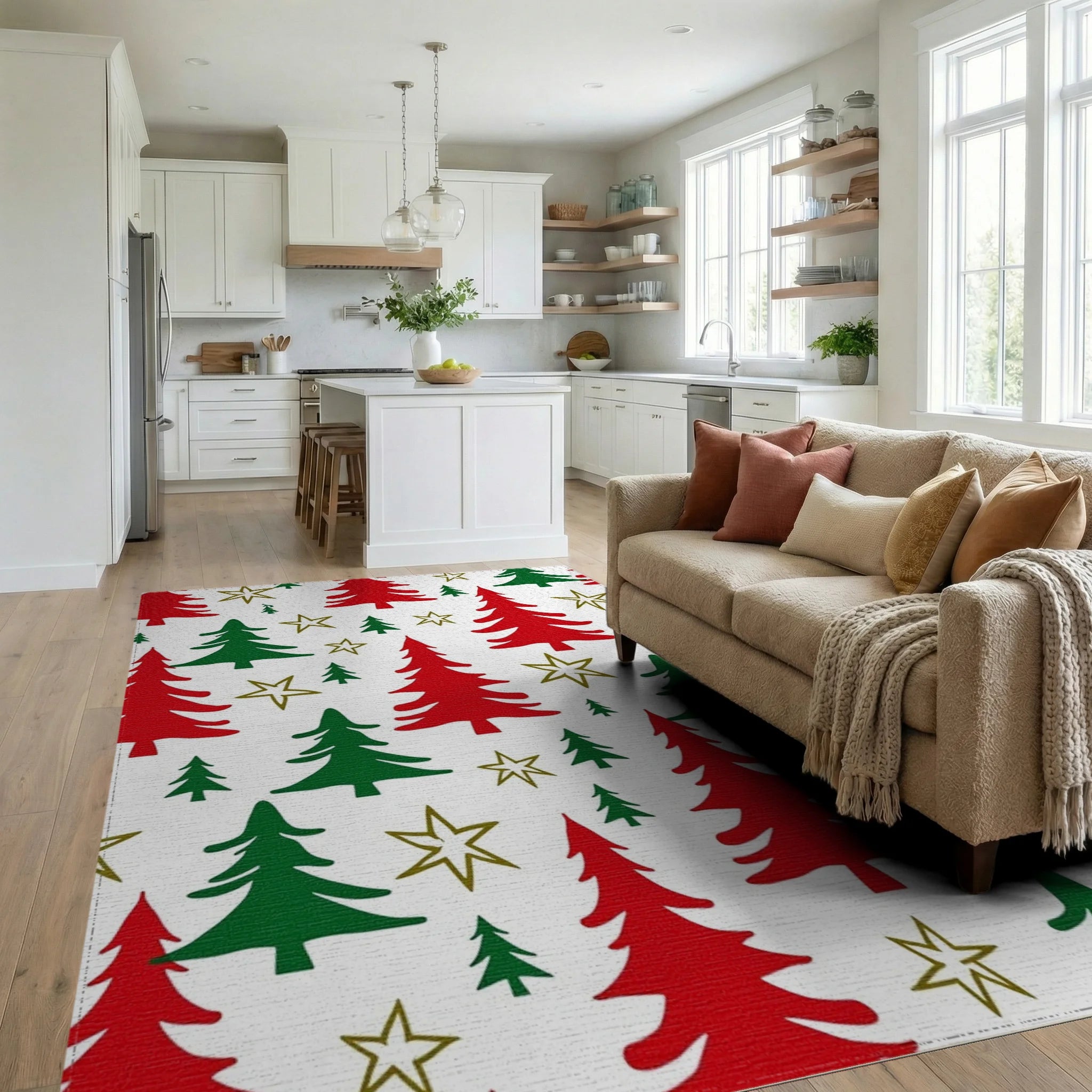 Red Green Pine Tree Star Pattern Rug - Living Room View