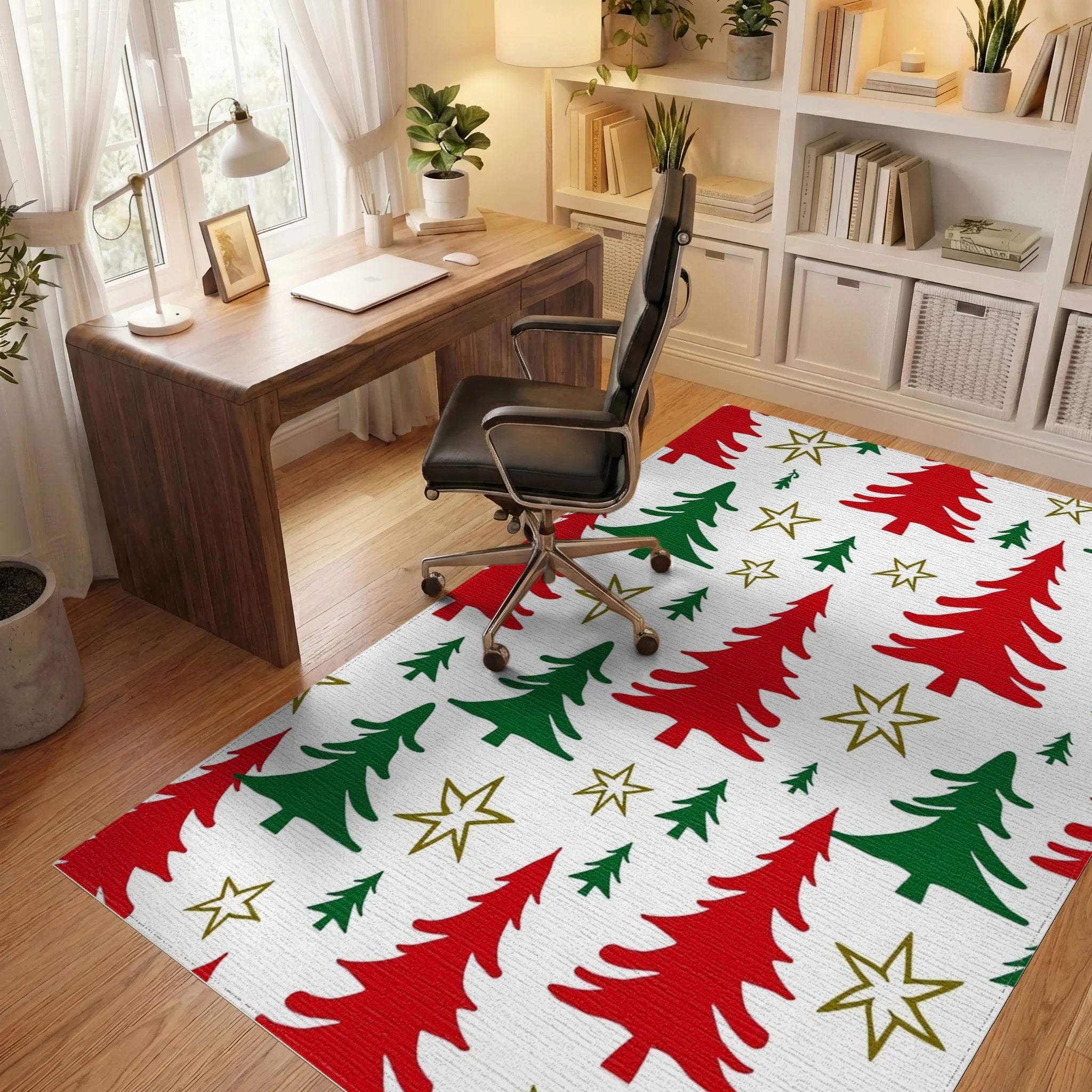 Red Green Pine Tree Star Pattern Rug - Office View