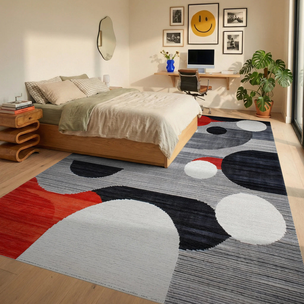 Red Orange Black White Circles Contemporary Rug - Bedroom View
