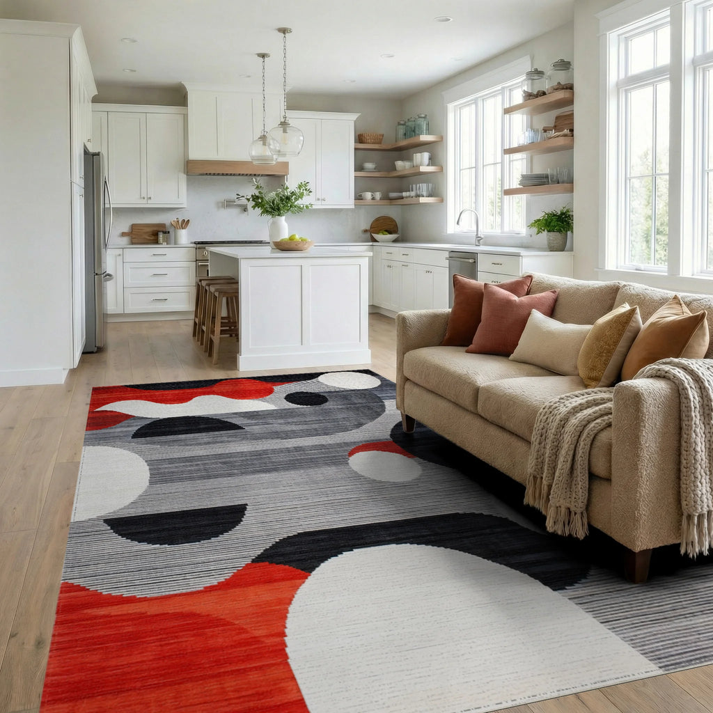 Red Orange Black White Circles Contemporary Rug - Living Room View