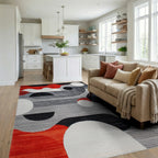 Red Orange Black White Circles Contemporary Rug - Living Room View