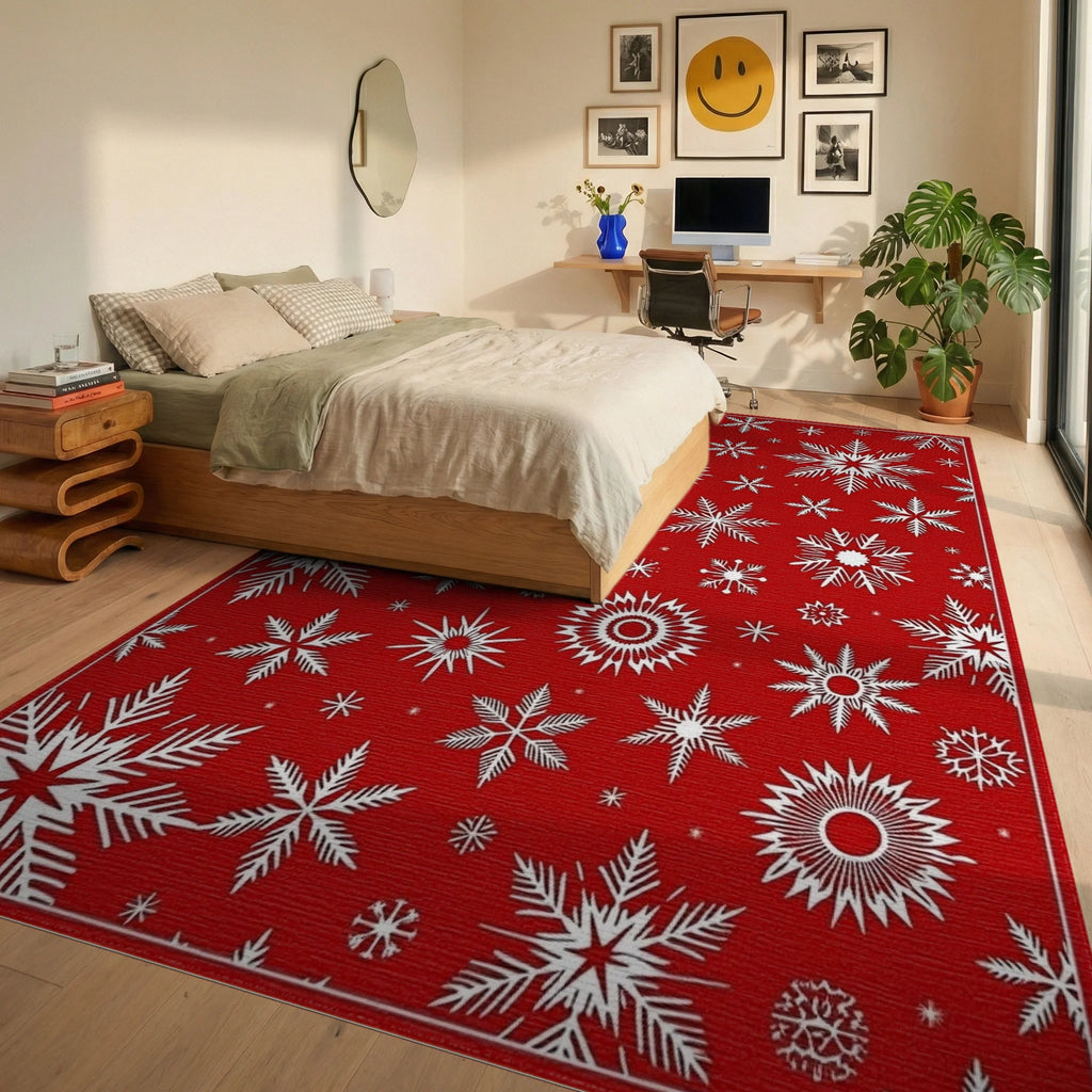 Red Snowflake Pattern Festive Design Rug - Bedroom View