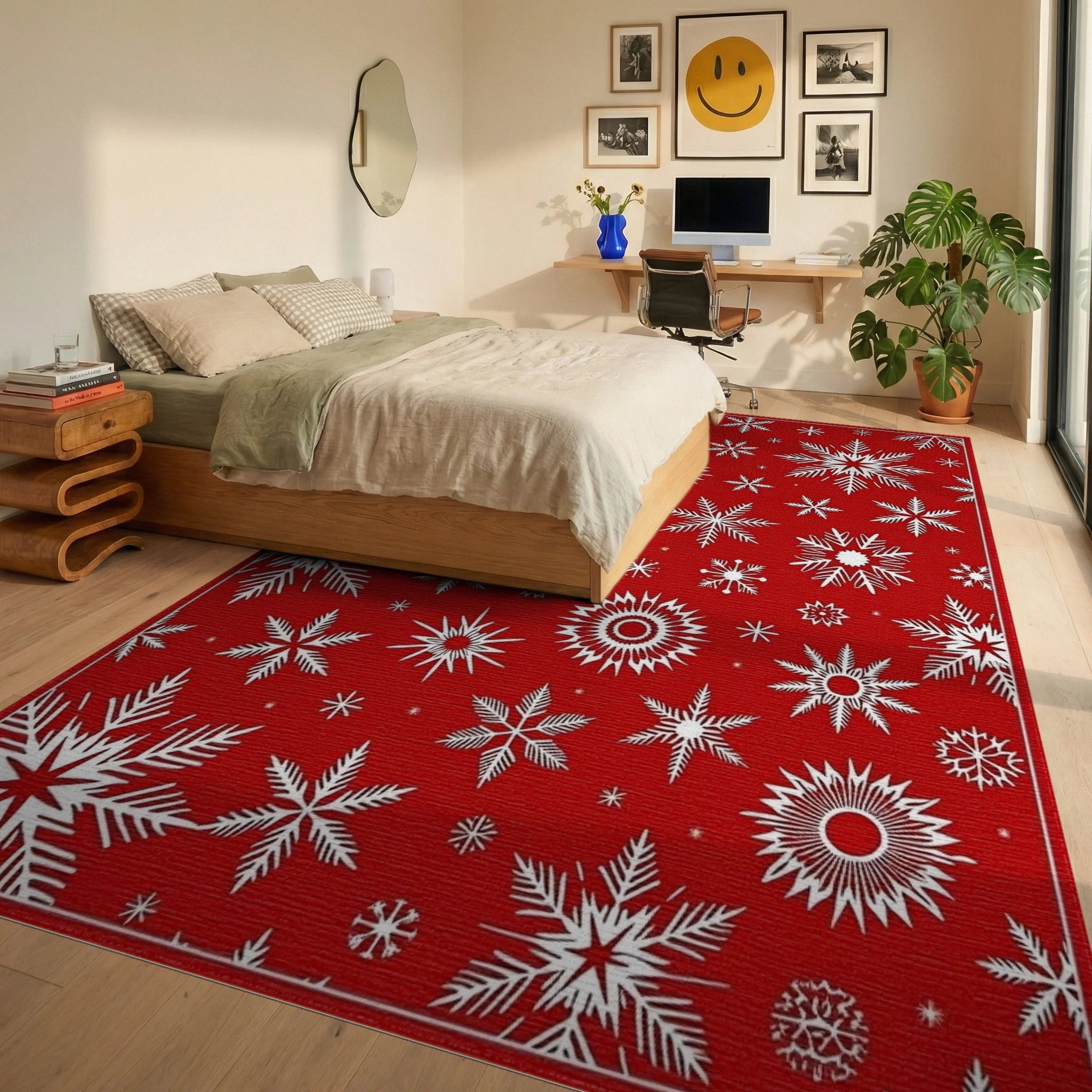 Red Snowflake Pattern Festive Design Rug - Bedroom View