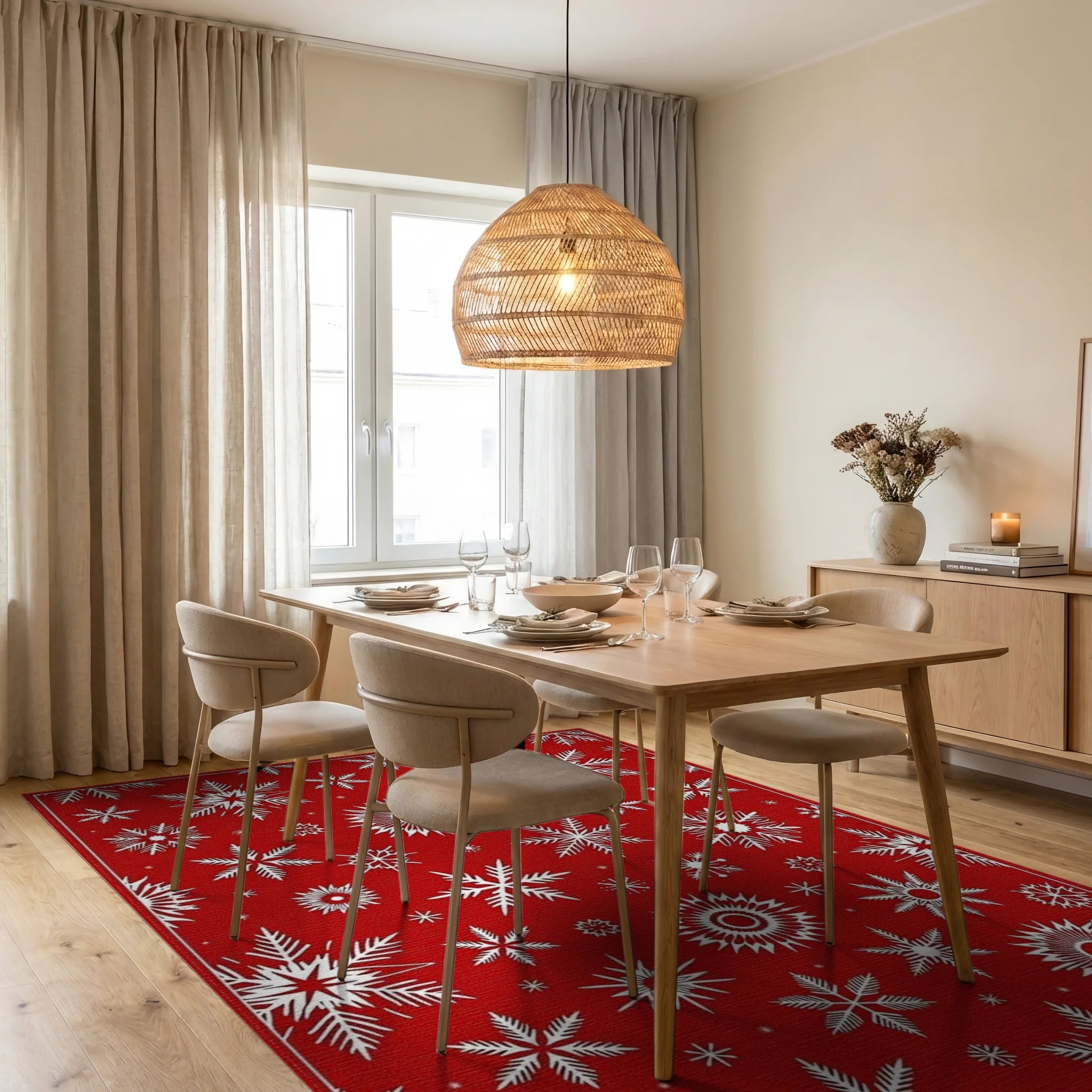 Red Snowflake Pattern Festive Design Rug - Dining Room View