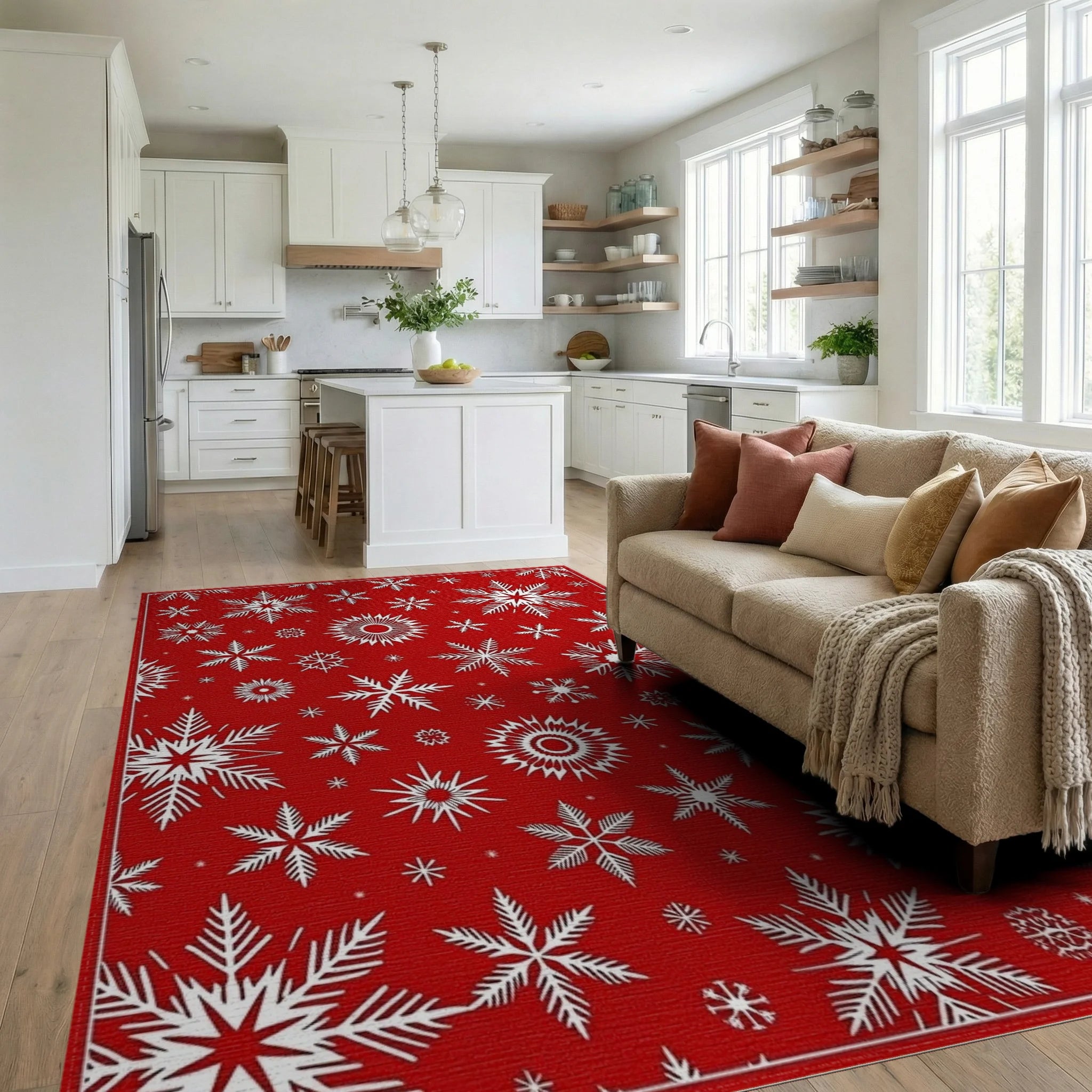 Red Snowflake Pattern Festive Design Rug - Living Room View