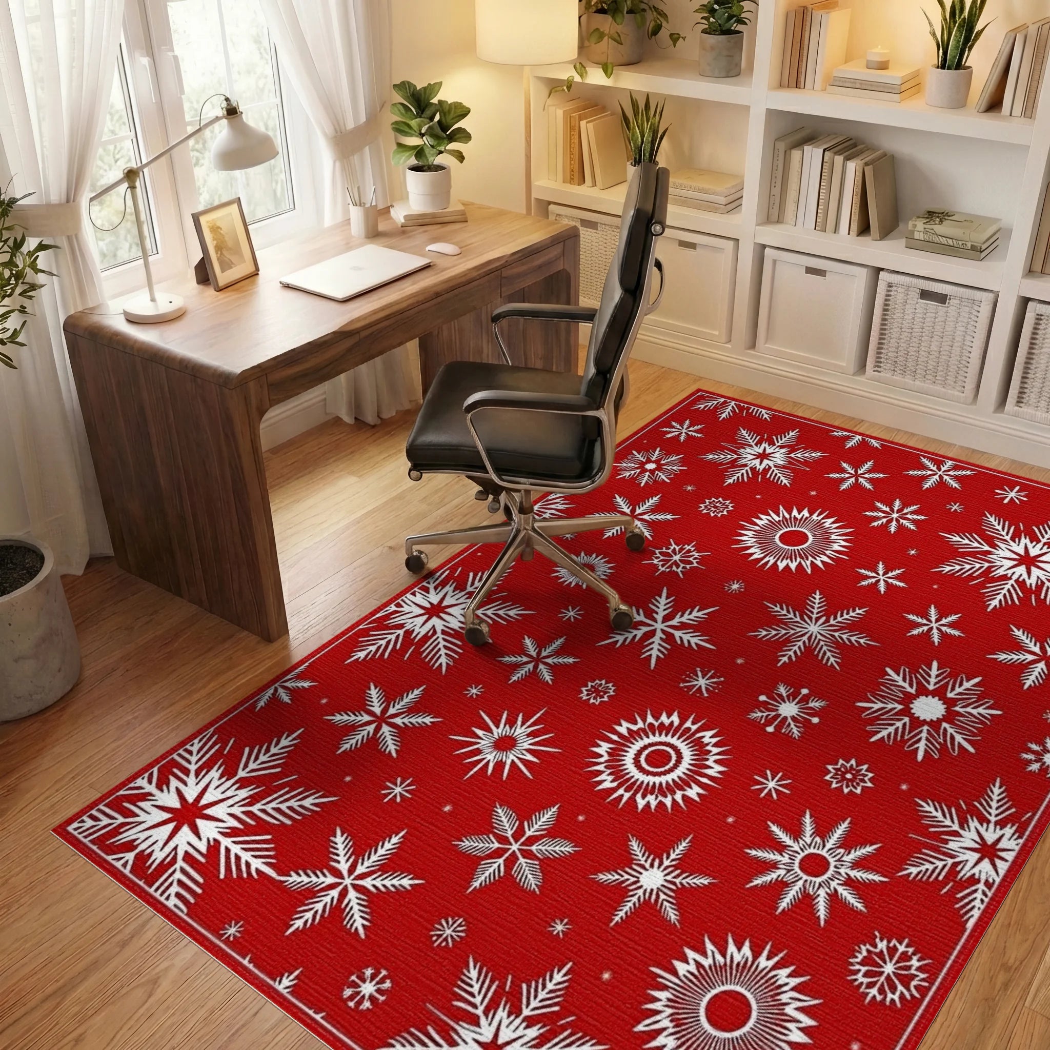 Red Snowflake Pattern Festive Design Rug - Office View