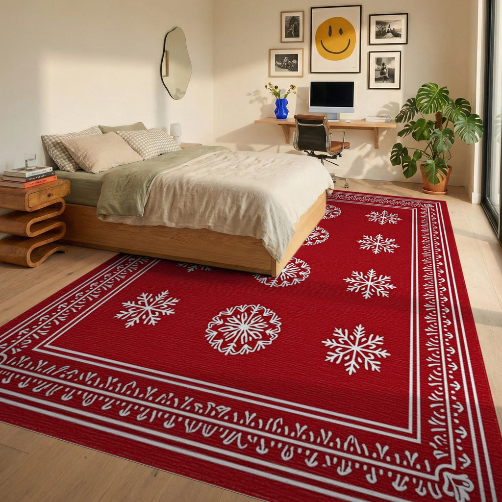 Red Snowflake Patterned Festive Rug Bedroom View