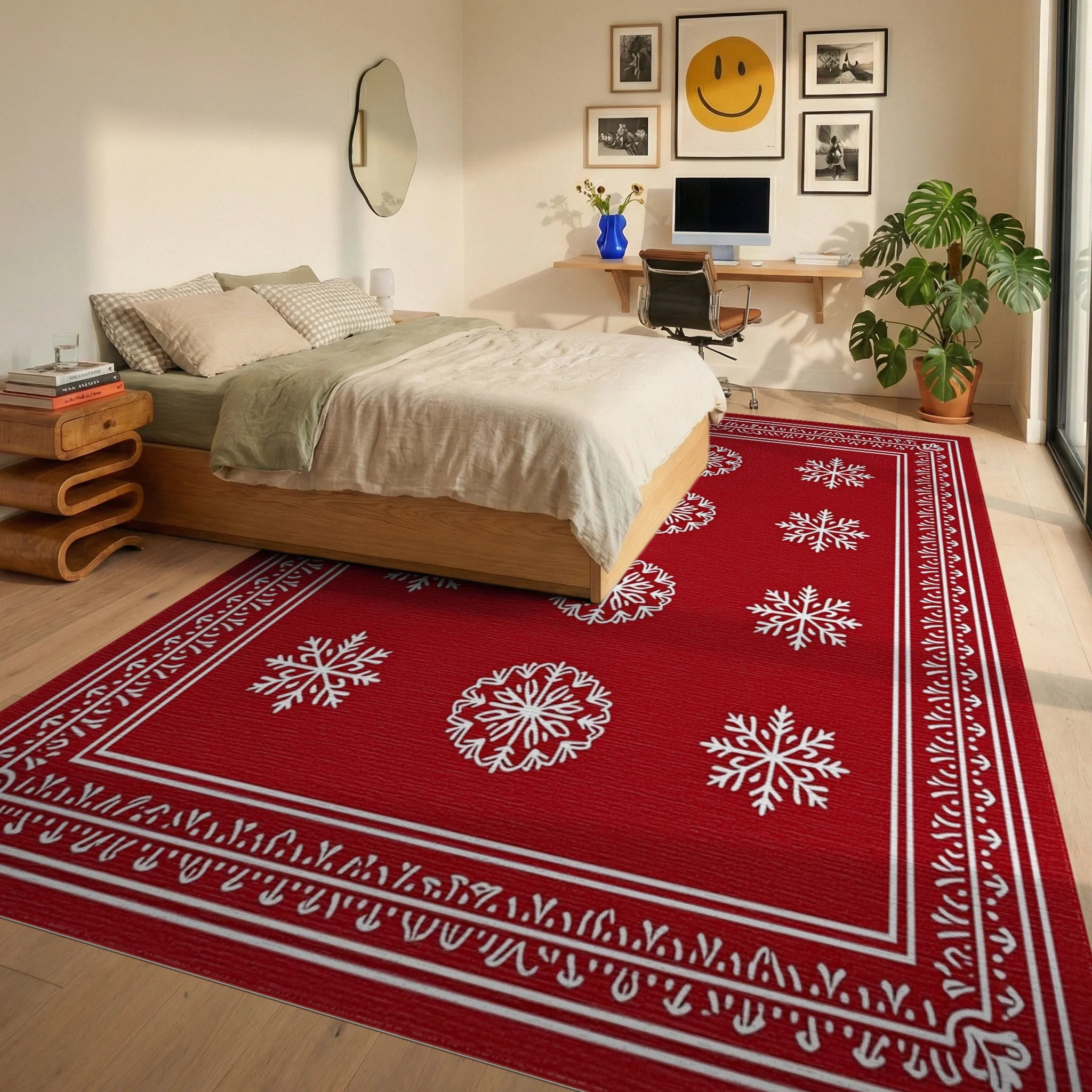 Red Snowflake Patterned Festive Rug Bedroom View