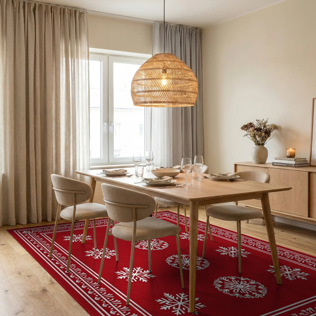 Red Snowflake Patterned Festive Rug Dining Room View