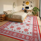 Red Snowflake Winter Holiday Border Rug - Bedroom View