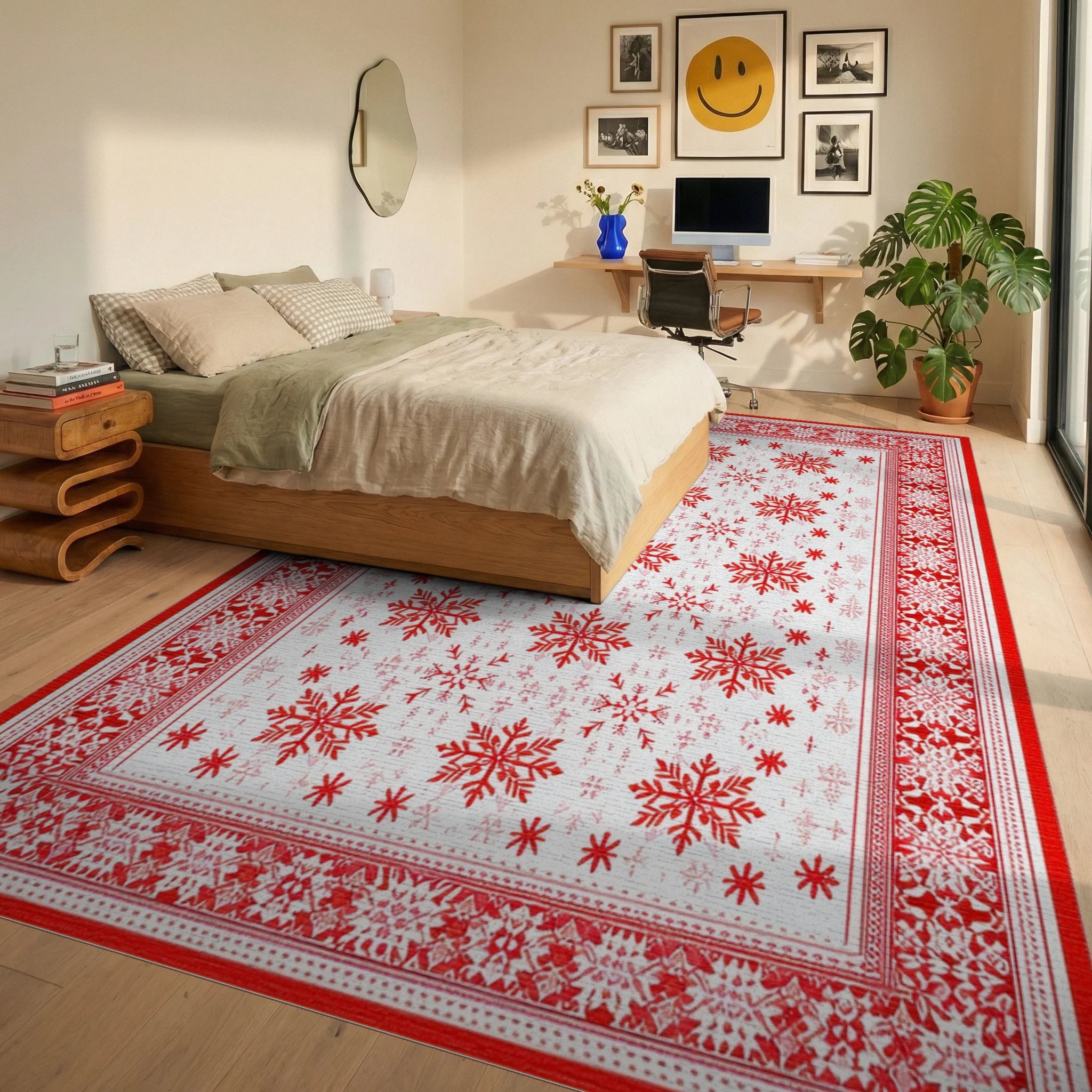 Red Snowflake Winter Holiday Border Rug - Bedroom View