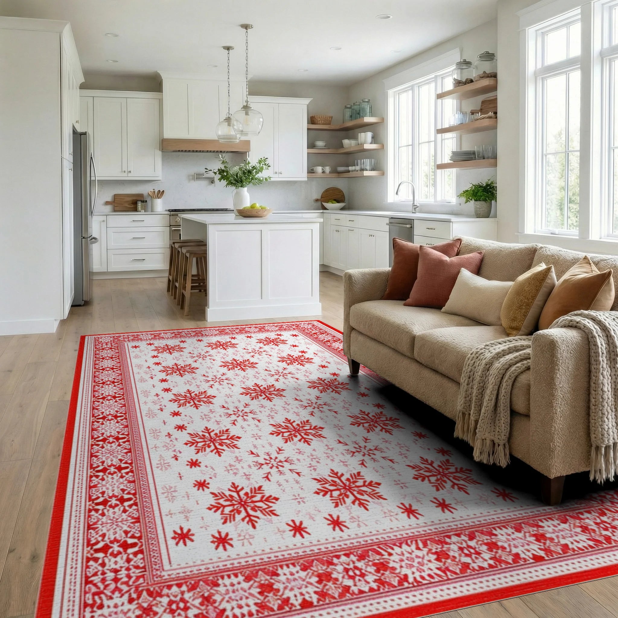 Red Snowflake Winter Holiday Border Rug - Living Room View