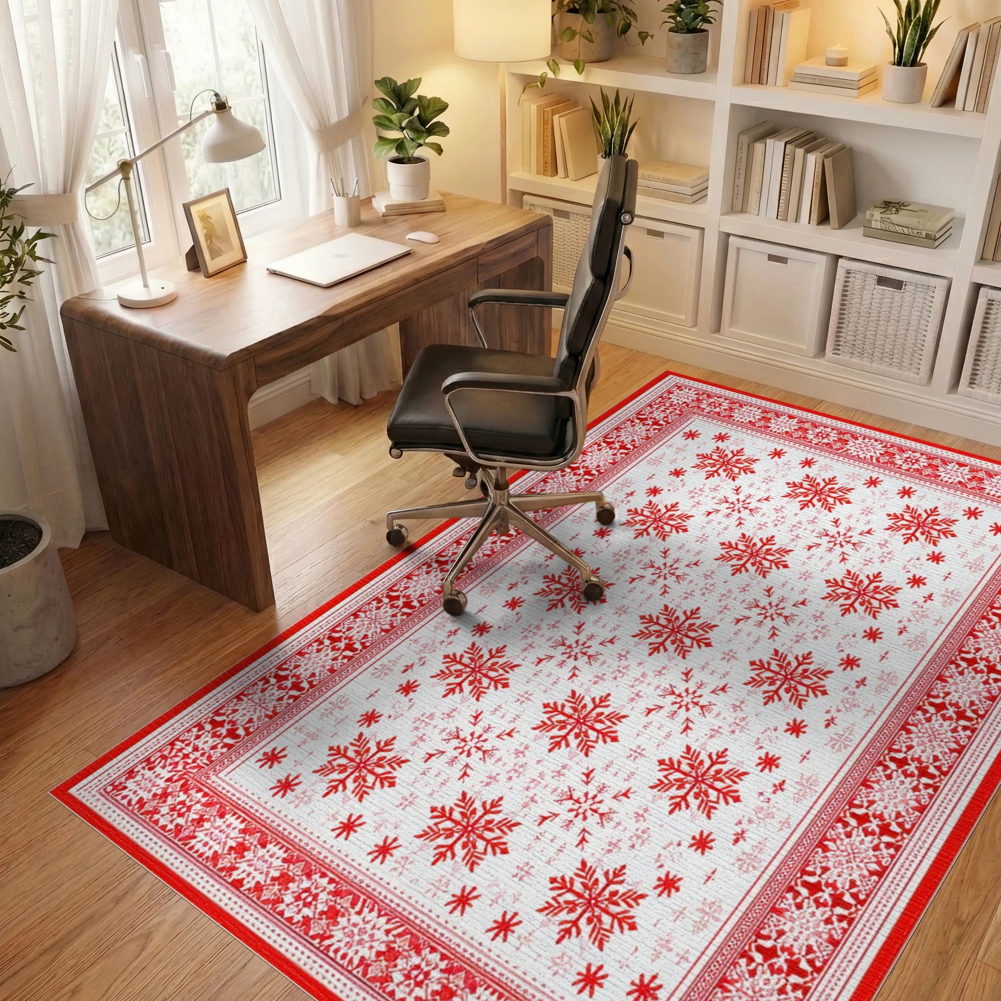 Red Snowflake Winter Holiday Border Rug - Office View
