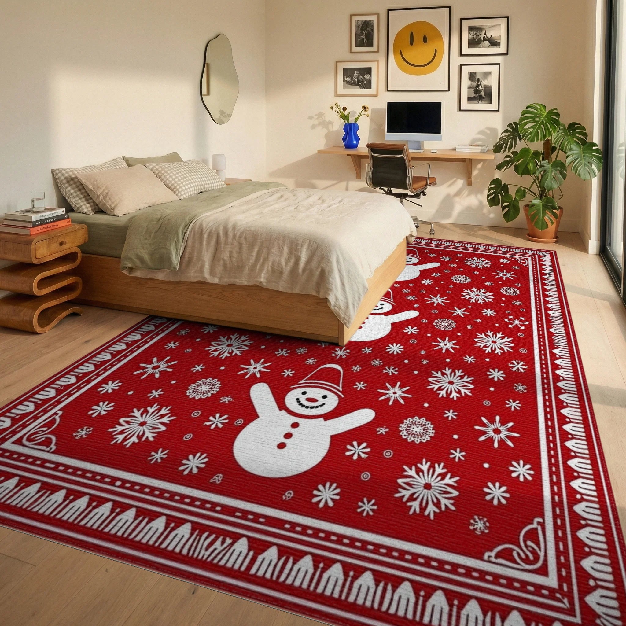 Red Snowman Snowflake Pattern Rug - Bedroom View