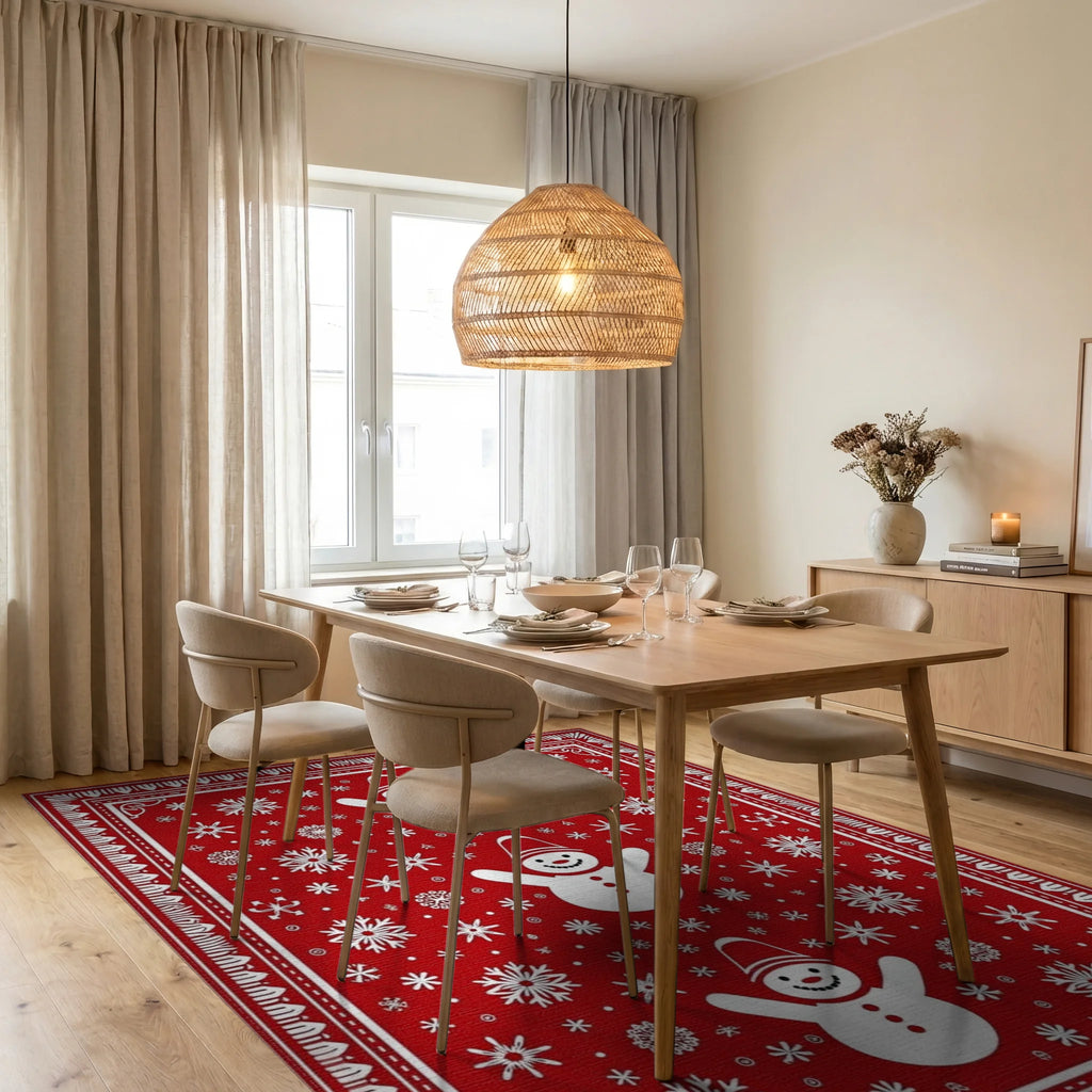 Red Snowman Snowflake Pattern Rug - Dining Room View