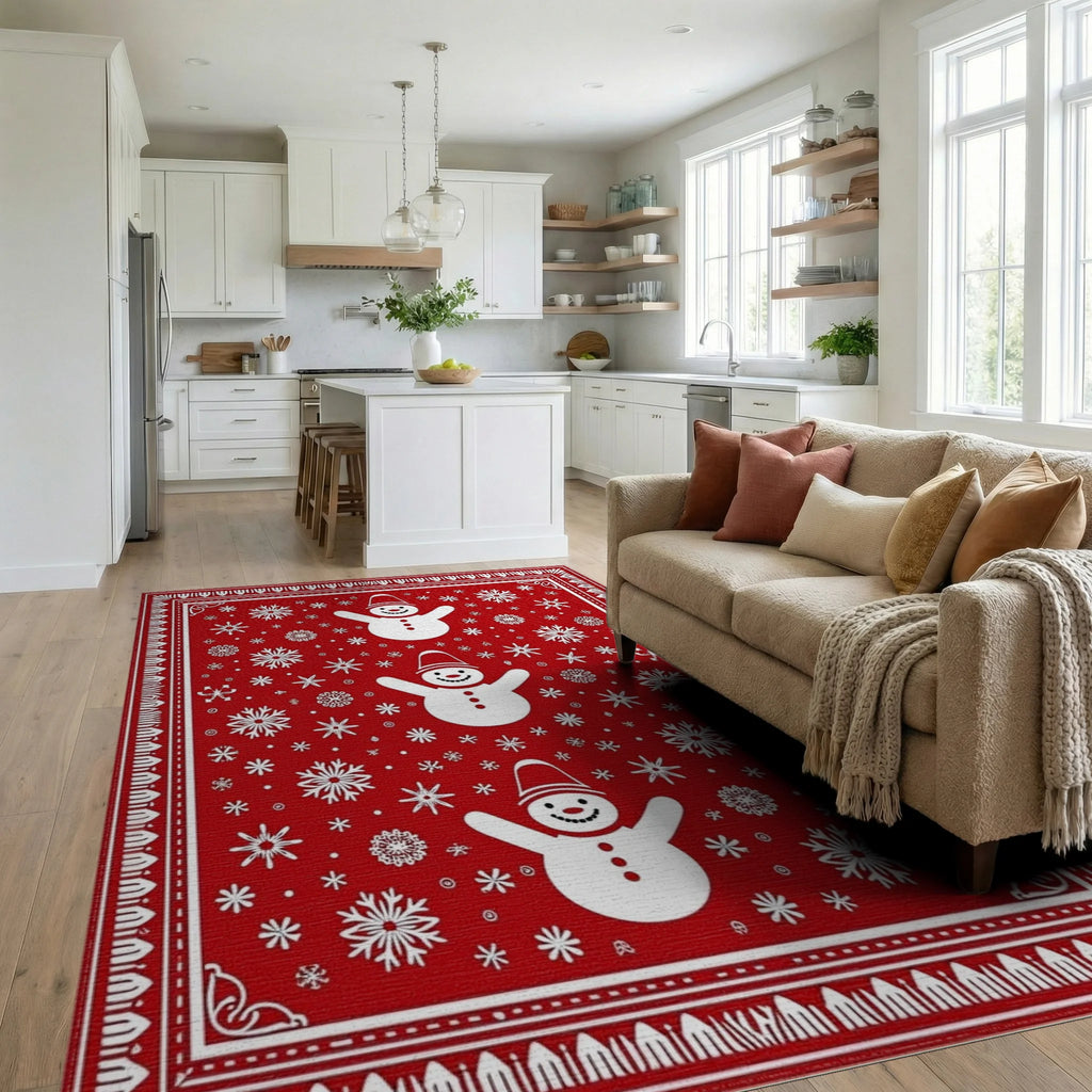 Red Snowman Snowflake Pattern Rug - Living Room View
