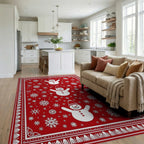 Red Snowman Snowflake Pattern Rug - Living Room View
