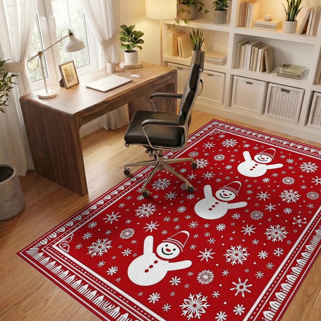 Red Snowman Snowflake Pattern Rug - Office View