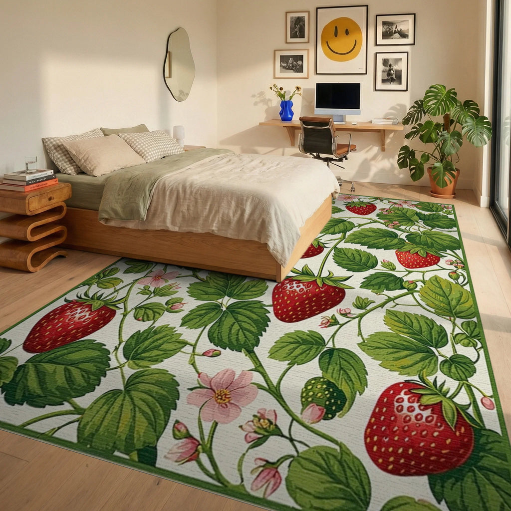 Red Strawberry Green Leaf Floral Rug Bedroom View