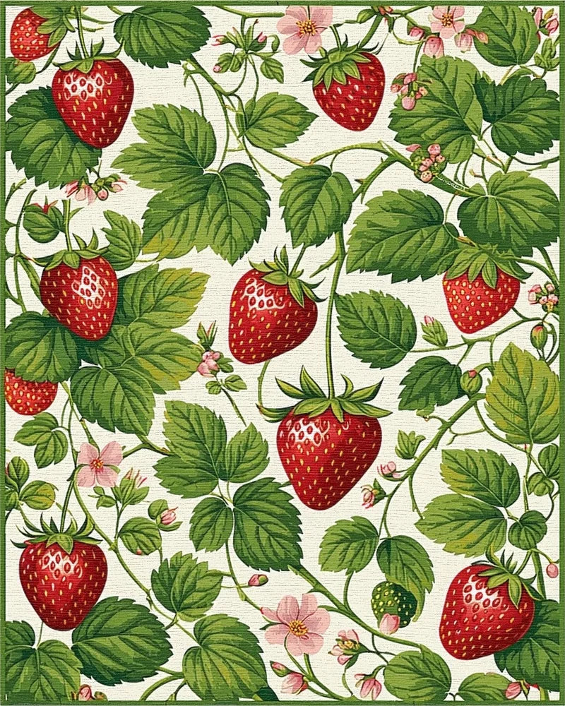 Red Strawberry Green Leaf Floral Rug - Cutout View
