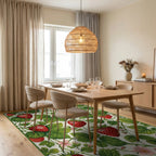 Red Strawberry Green Leaf Floral Rug Dining Room View