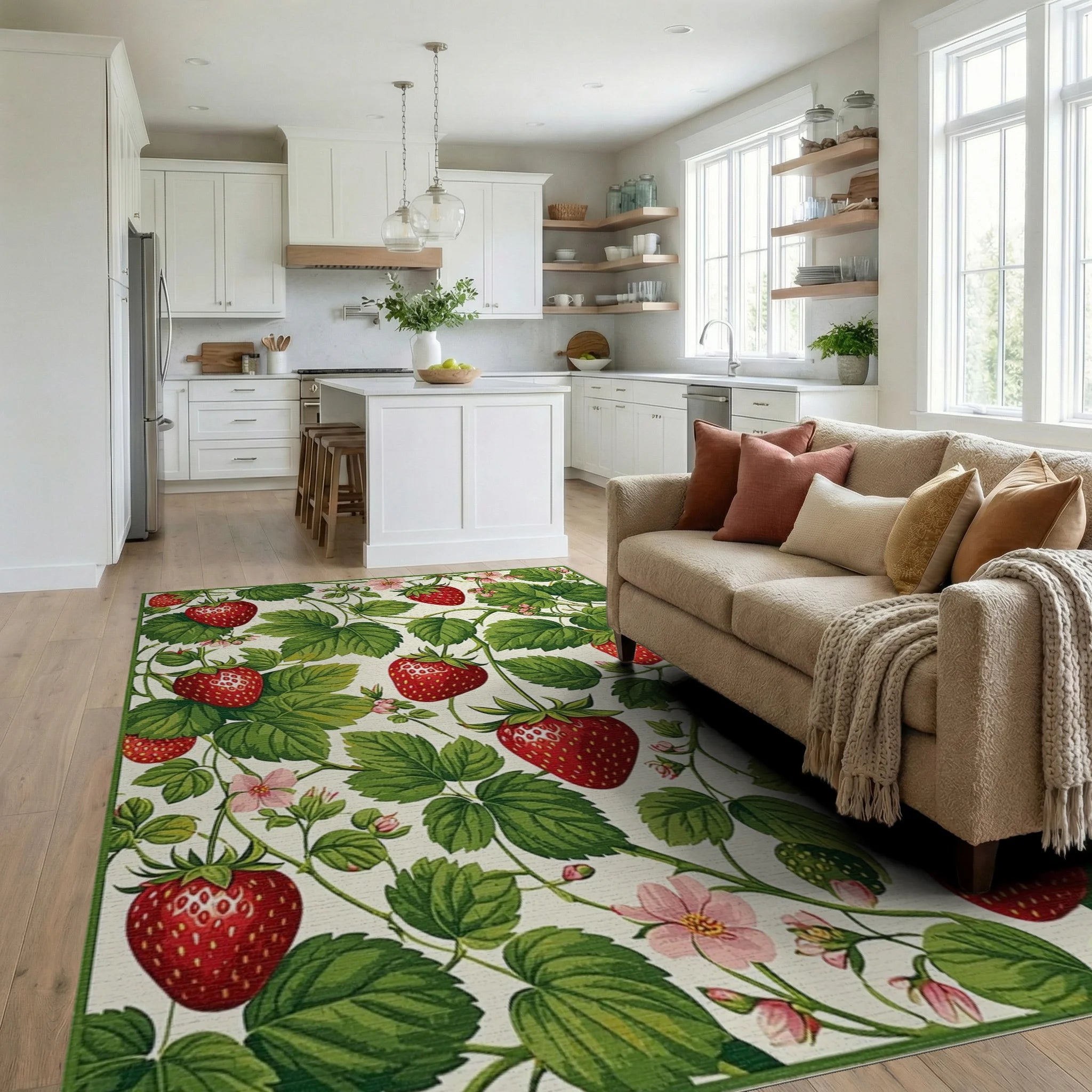 Red Strawberry Green Leaf Floral Rug Living Room View